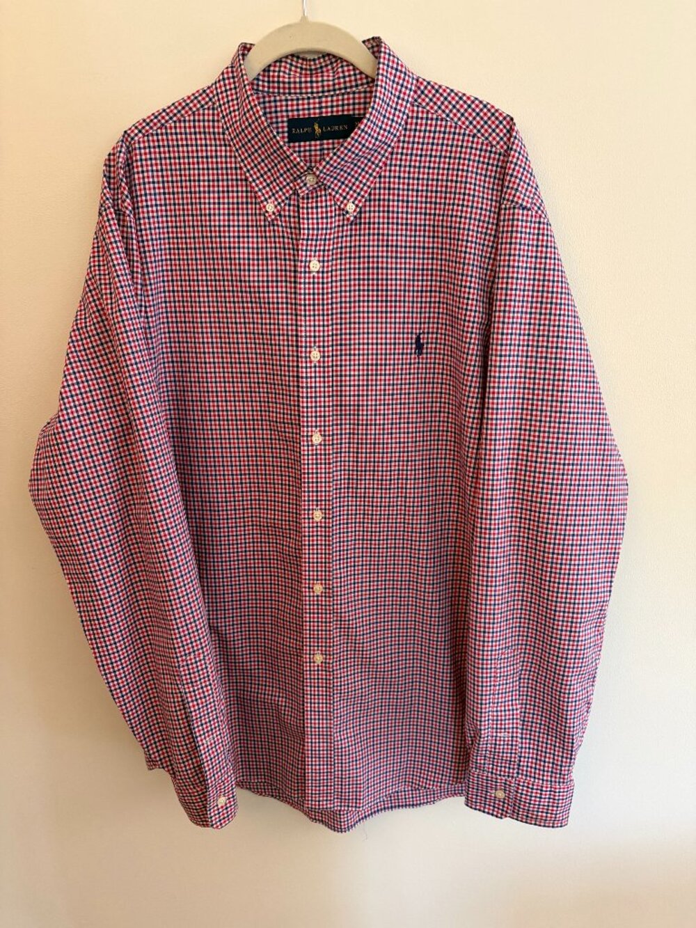 POLO RALPH LAUREN NAVY BLUE & RED GINGHAM COTTON BUTTON DOWN L/S SHIRT Men's XL